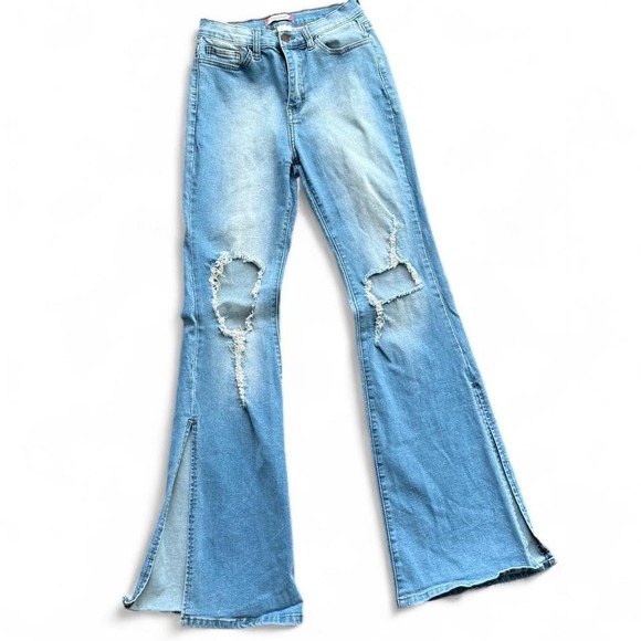 Vibe & Rant - Distressed Split Hem Flare Jeans - Women's 9/29 Light Wash Denim - Picture 1 of 5